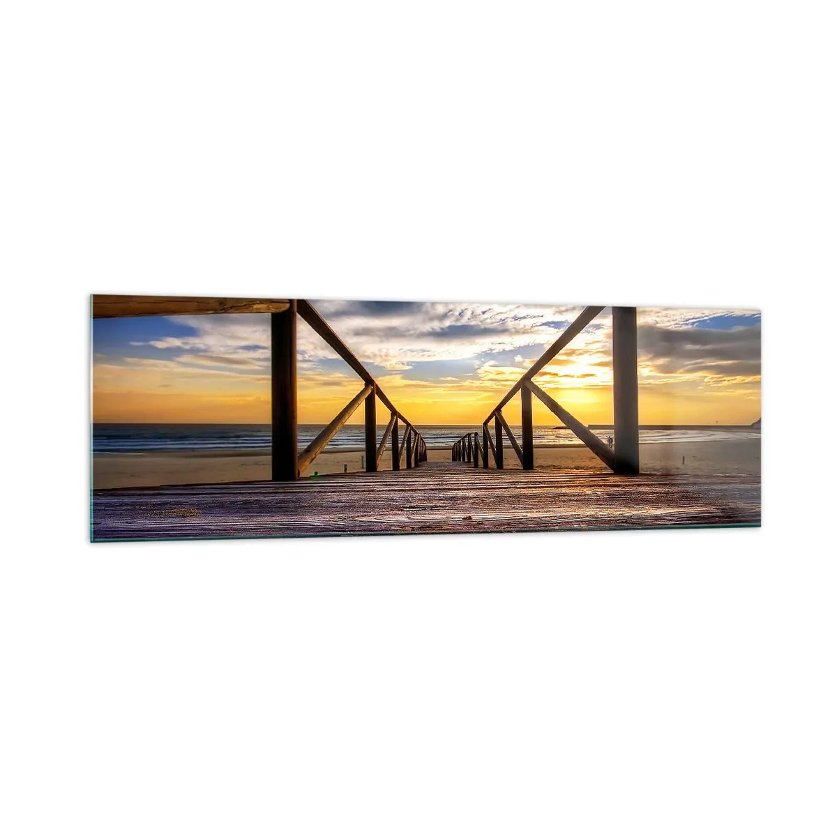 Cuadro sobre vidrio - Impresiones sobre Vidrio - Muelle de madera que conduce a la playa al atardecer - 160x50cm - Directamente hacia una playa tranquila al atardecer - Decoración de pared moderna para salón y dormitorio ARTTOR