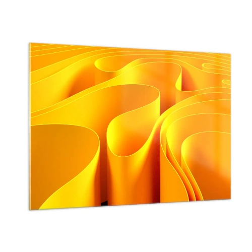 Cuadro sobre vidrio - Impresiones sobre Vidrio - Ondas abstractas en tonos dorados y naranjas. - 100x70cm - Como las olas del sol - Decoración de pared moderna para salón y dormitorio ARTTOR