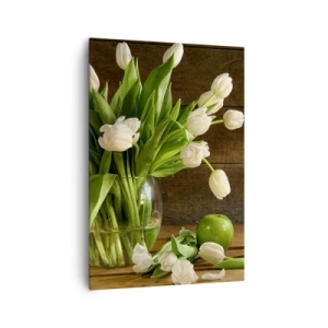 Cuadro sobre lienzo - Impresión de Imagen - Un ramo de tulipanes blancos en un jarrón de cristal con manzanas verdes. - 70x100cm - Jugoso y fresco en verde y blanco - Decoración de pared moderna para salón y dormitorio ARTTOR