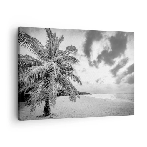 Cuadro sobre lienzo - Impresión de Imagen - Palmera en blanco y negro en una playa vacía con nubes - 70x50cm - Anhelo de soledad.... - Decoración de pared moderna para salón y dormitorio ARTTOR