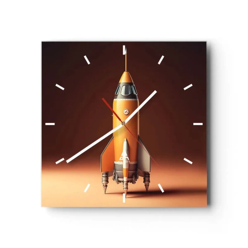 Reloj de pared - Reloj de vidrio - Un cohete de estilo retro sobre un fondo de tonos marrones. - 30x30cm - Comienza con un sueño - Decoración de pared moderna para salón y dormitorio ARTTOR