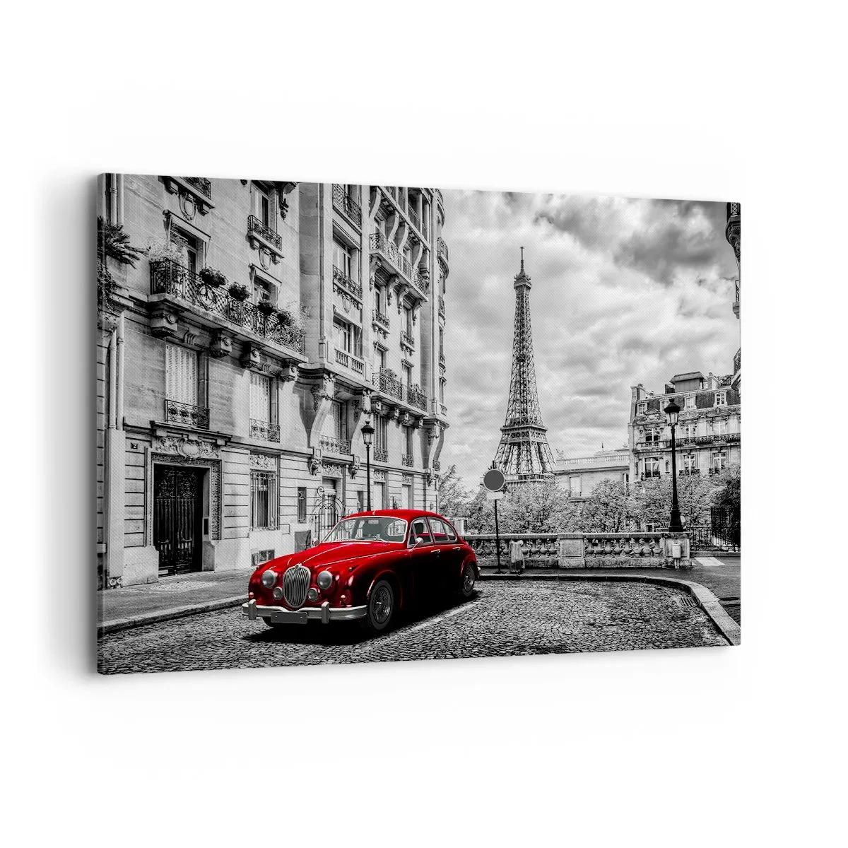 Cuadro sobre lienzo - Impresión de Imagen - Un coche rojo con la Torre Eiffel al fondo en un entorno en blanco y negro. - 100x70cm - Un depredador en la ciudad - Decoración de pared moderna para salón y dormitorio ARTTOR