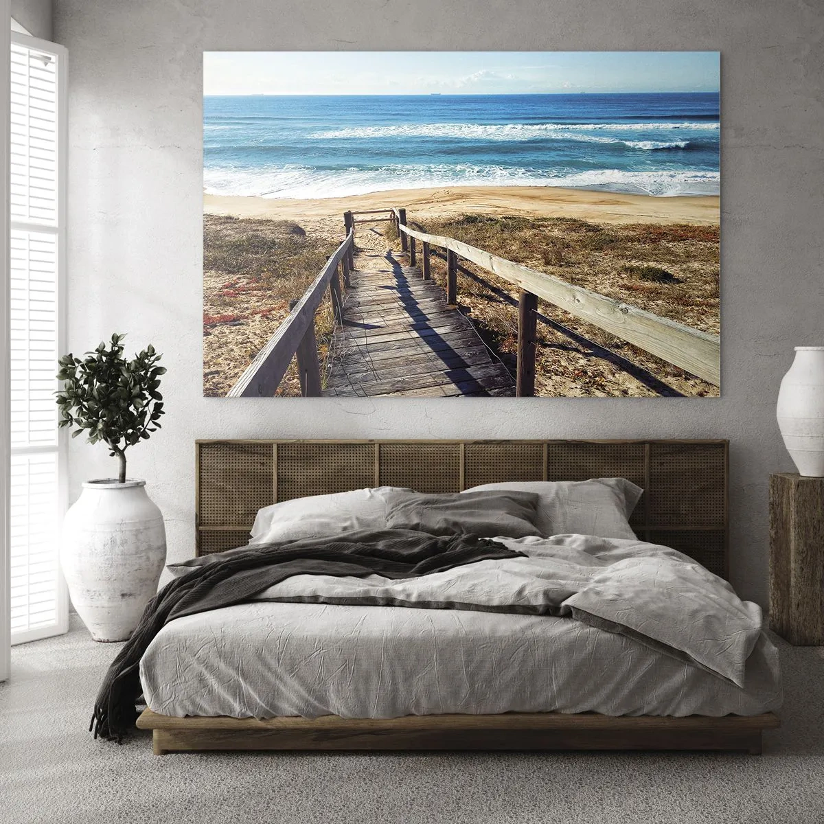 Cuadro sobre vidrio - Impresiones sobre Vidrio - Camino de madera que conduce a la playa con vistas al mar. - 70x50cm - ¡Corre! - Decoración de pared moderna para salón y dormitorio ARTTOR