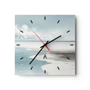 Reloj de pared - Reloj de vidrio - Un mar tranquilo y una playa en tonos claros de azul. - 30x30cm - Suave marea otoñal - Decoración de pared moderna para salón y dormitorio ARTTOR