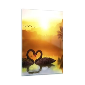 Cuadro sobre vidrio - Impresiones sobre Vidrio - Dos cisnes negros formando un corazón con el telón de fondo de un atardecer en el lago. - 80x120cm - Todo a juego - Decoración de pared moderna para salón y dormitorio ARTTOR
