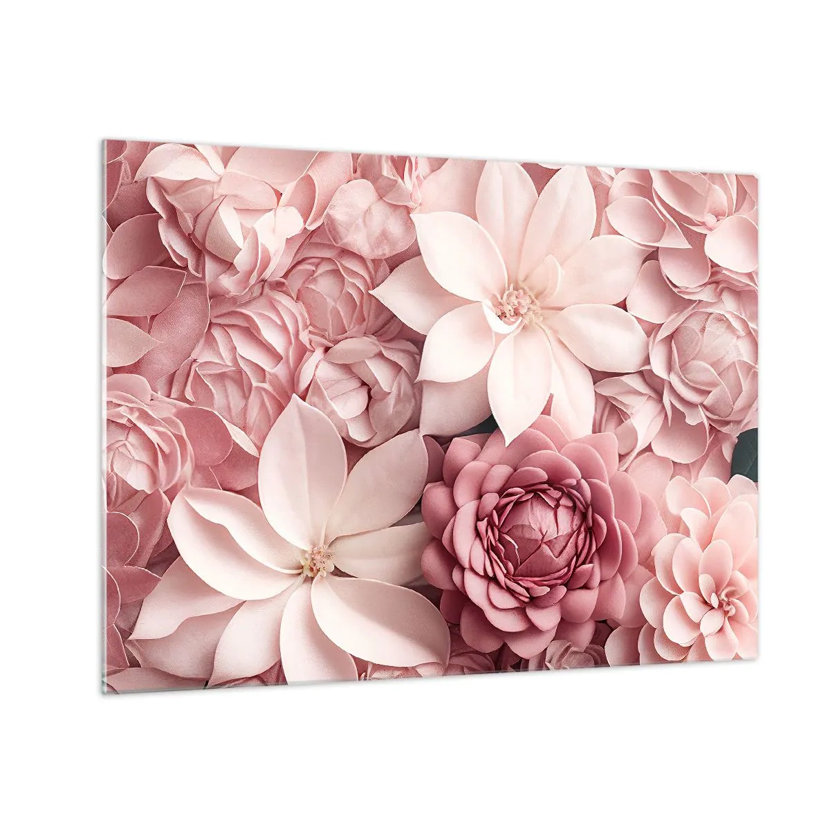 Cuadro sobre vidrio - Impresiones sobre Vidrio - Delicadas flores rosas en una composición llena de pétalos. - 70x50cm - Entre pétalos rosas - Decoración de pared moderna para salón y dormitorio ARTTOR