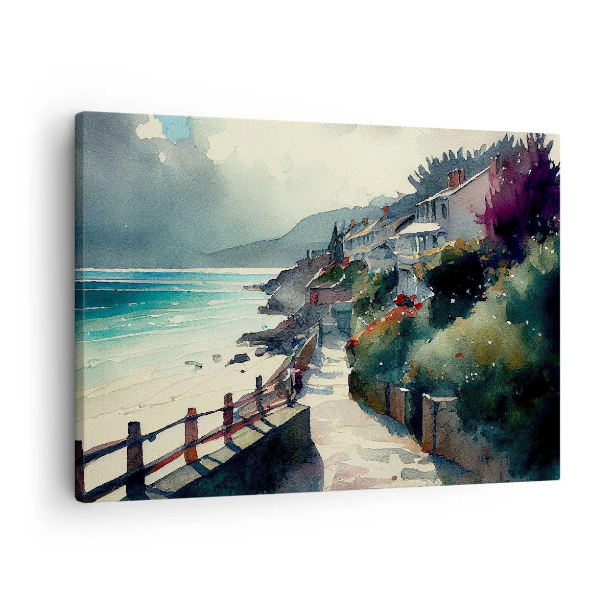 Cuadro sobre lienzo - Impresión de Imagen - Paseo marítimo con casas y vegetación - 70x50cm - Ciudad mediterránea - Decoración de pared moderna para salón y dormitorio ARTTOR