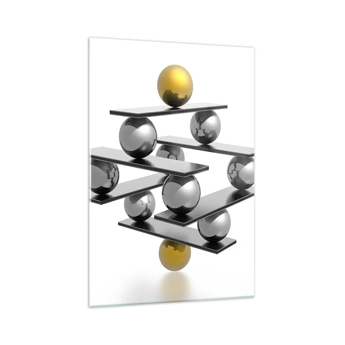 Cuadro sobre vidrio - Impresiones sobre Vidrio - Composición geométrica con bolas de metal y acento dorado. - 70x100cm - Balance de oro y plata - Decoración de pared moderna para salón y dormitorio ARTTOR