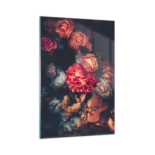 Cuadro sobre vidrio - Impresiones sobre Vidrio - Un ramo de varias flores en tonos oscuros. - 80x120cm - Como los maestros holandeses - Decoración de pared moderna para salón y dormitorio ARTTOR