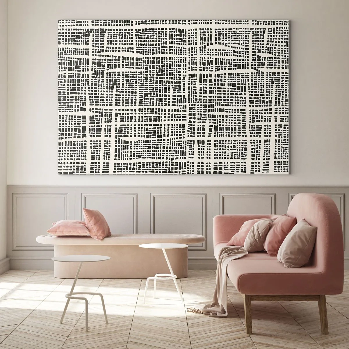 Cuadro sobre vidrio - Impresiones sobre Vidrio - Una abstracción en blanco y negro que se asemeja a una cuadrícula de puntos. - 70x50cm - Composición del tejido - Decoración de pared moderna para salón y dormitorio ARTTOR
