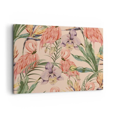 Cuadro sobre lienzo - Impresión de Imagen - Flamencos y flores tropicales sobre un fondo claro. - 100x70cm - Un ballet rosa en flores - Decoración de pared moderna para salón y dormitorio ARTTOR