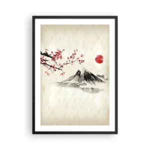 Póster en marco negro - Una montaña con una rama de cerezo en flor y un sol rojo. - 50x70cm - Enamórate de Japón - Decoración de pared moderna para salón y dormitorio ARTTOR
