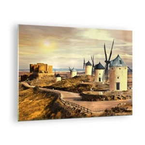 Cuadro sobre vidrio - Impresiones sobre Vidrio - Molinos de viento y un castillo en el paisaje al atardecer. - 70x50cm - Don Quijote los vio - Decoración de pared moderna para salón y dormitorio ARTTOR