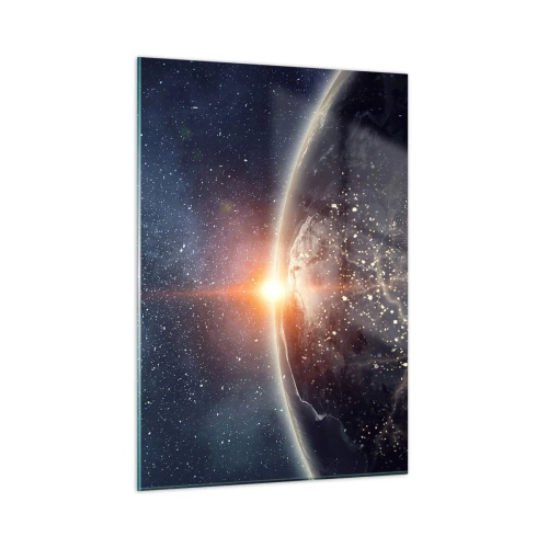 Cuadro sobre vidrio - Impresiones sobre Vidrio - La Tierra iluminada por los rayos del sol en el espacio. - 50x70cm - En una nueva perspectiva - Decoración de pared moderna para salón y dormitorio ARTTOR