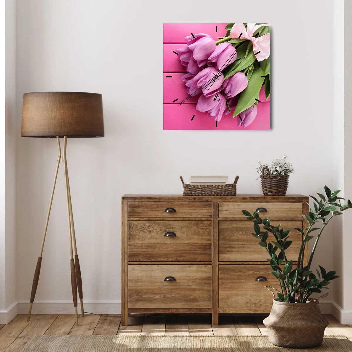 Reloj de pared - Reloj de vidrio - Un ramo de tulipanes rosas con un lazo sobre un fondo rosa. - 30x30cm - Solo para ti - Decoración de pared moderna para salón y dormitorio ARTTOR