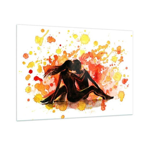 Cuadro sobre vidrio - Impresiones sobre Vidrio - Silueta de una pareja sobre un fondo de manchas de acuarela de colores. - 100x70cm - Momento romántico - Decoración de pared moderna para salón y dormitorio ARTTOR