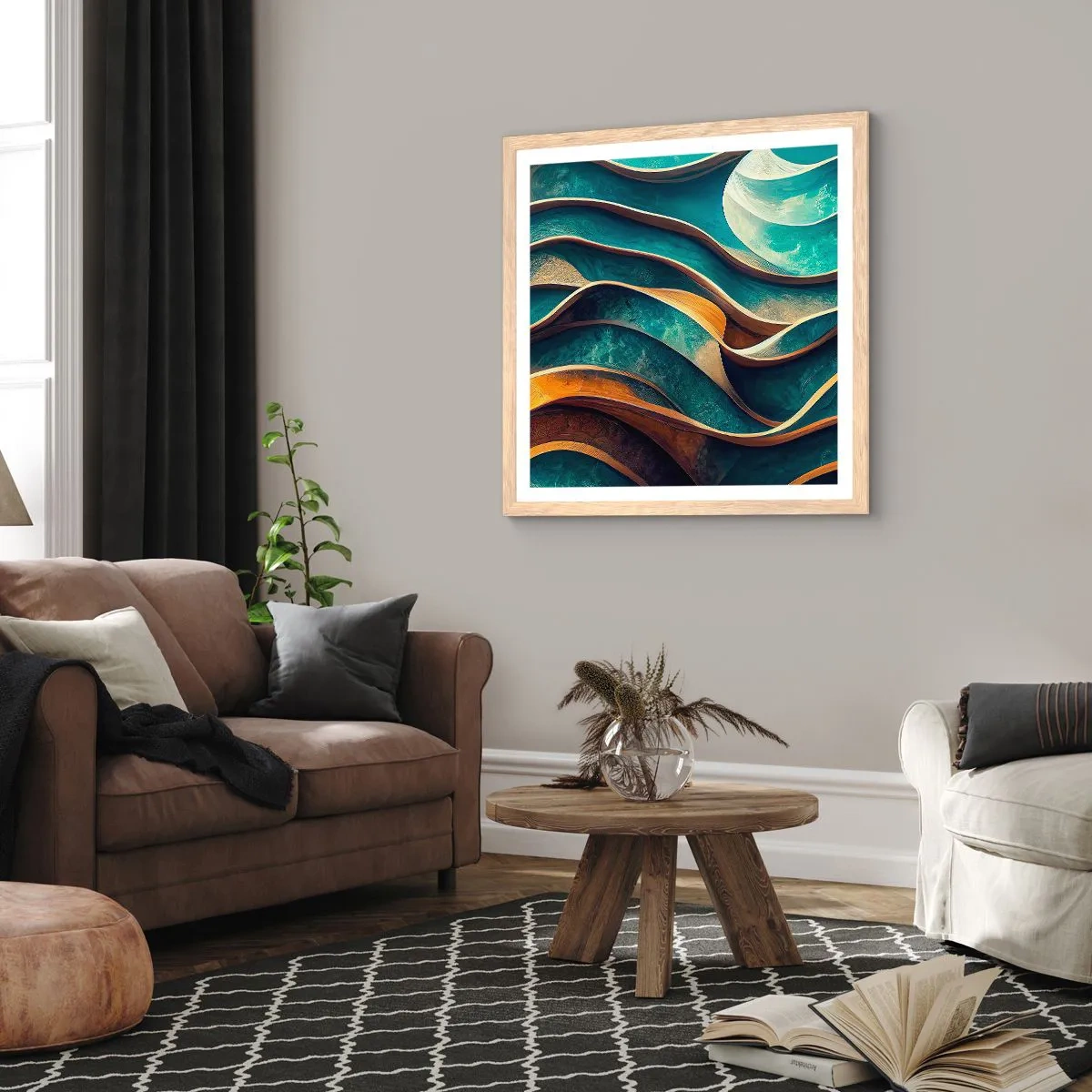 Póster en marco roble claro - Meandros de azul - 60x60 cm