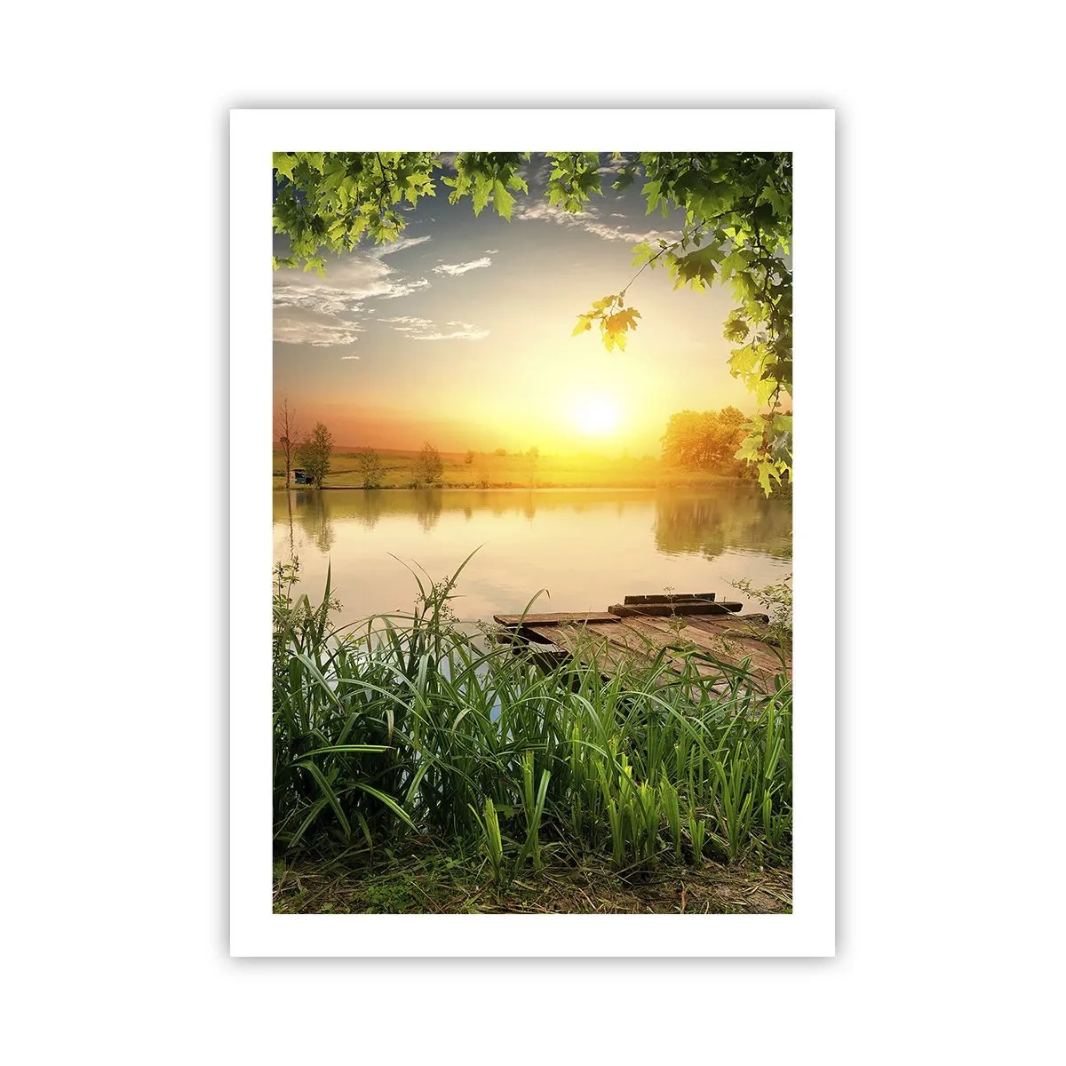 Póster - Puesta de sol sobre el lago con un muelle - 50x70cm - Paisaje en un marco verde - Decoración de pared moderna para salón y dormitorio ARTTOR