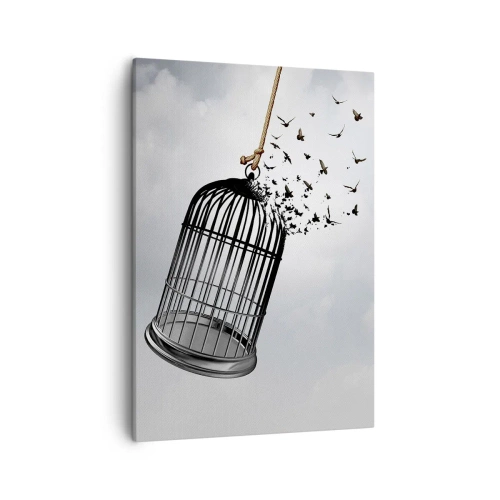 Cuadro sobre lienzo - Impresión de Imagen - Pájaros volando desde una jaula contra el cielo. - 50x70cm - Fe... Esperanza... ¡Libertad! - Decoración de pared moderna para salón y dormitorio ARTTOR