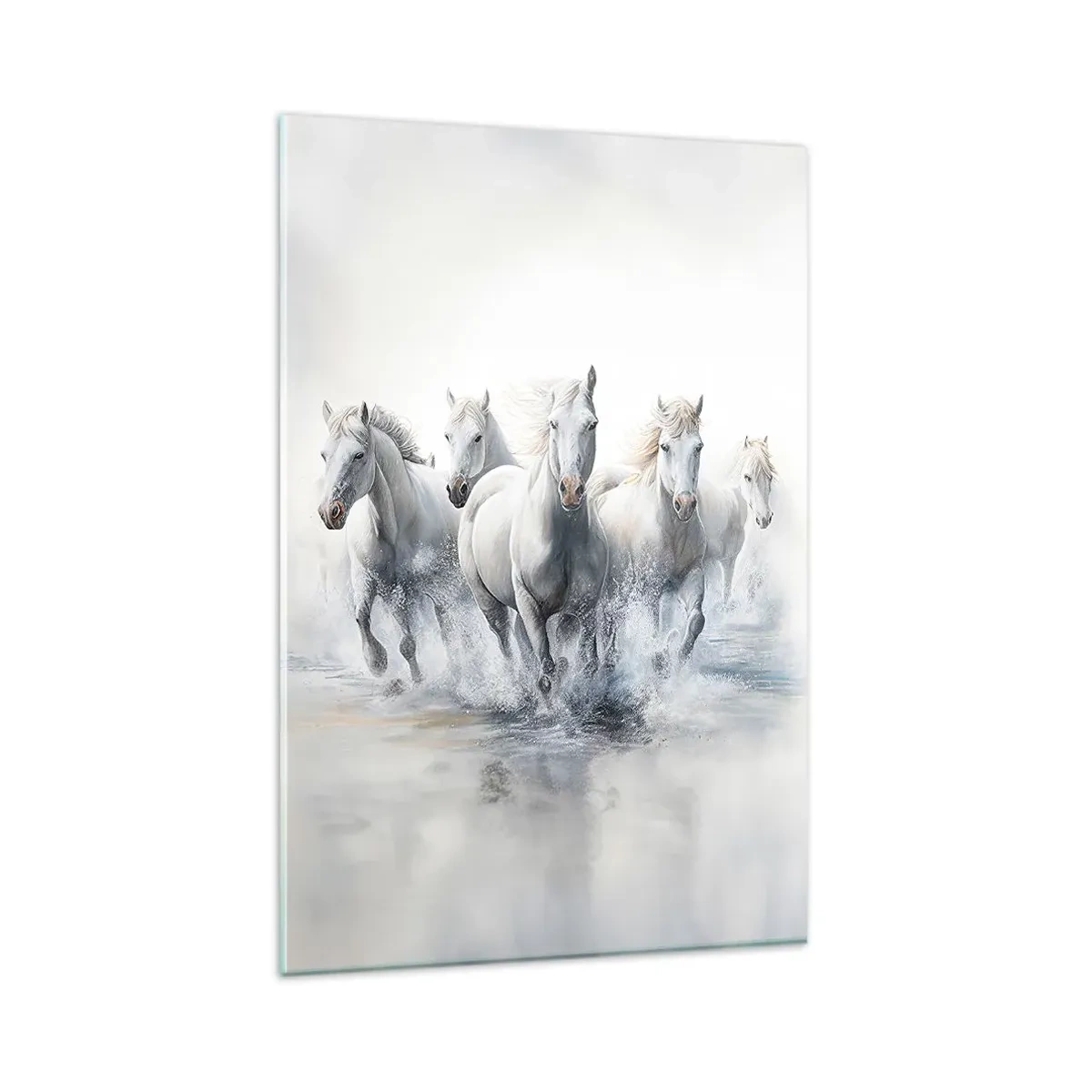 Cuadro sobre vidrio - Impresiones sobre Vidrio - Caballos blancos galopando por el agua - 80x120cm - Magia blanca - Decoración de pared moderna para salón y dormitorio ARTTOR