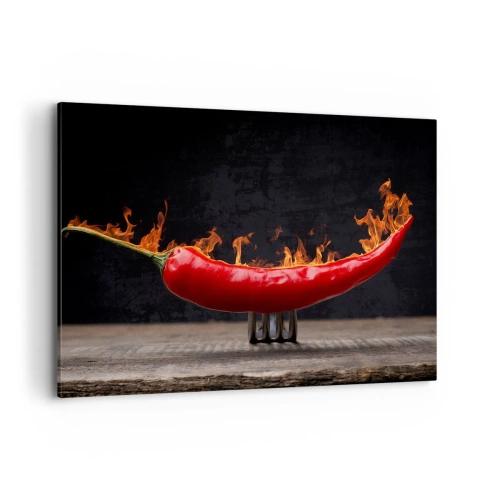 Cuadro sobre lienzo - Impresión de Imagen - Pimiento rojo flameado en un tenedor - 120x80cm - Un aperitivo ardiente - Decoración de pared moderna para salón y dormitorio ARTTOR