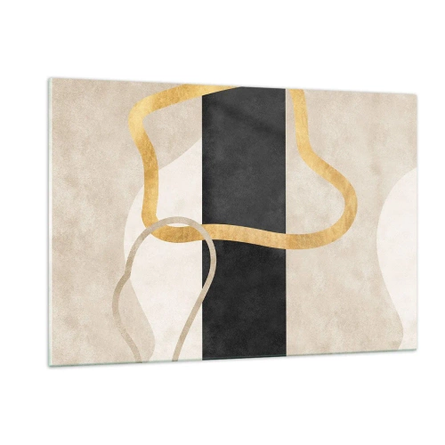 Cuadro sobre vidrio - Impresiones sobre Vidrio - Líneas doradas y beige que forman bucles sobre un fondo de rayas negras. - 120x80cm - Formas en bucle - Decoración de pared moderna para salón y dormitorio ARTTOR