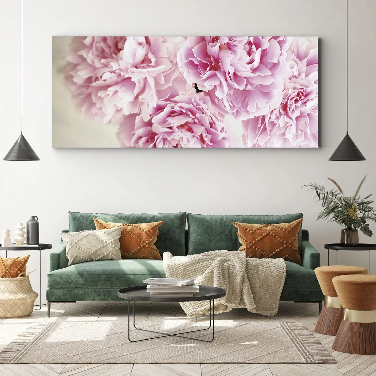 Cuadro sobre lienzo - Impresión de Imagen - Un ramo de peonías rosas sobre un fondo claro. - 160x50cm - En el esplendor del rosa - Decoración de pared moderna para salón y dormitorio ARTTOR