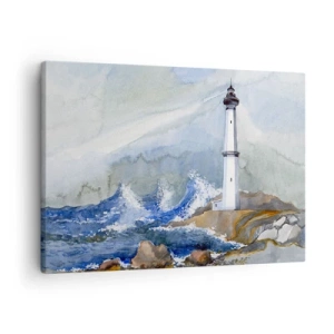 Cuadro sobre lienzo - Impresión de Imagen - Un faro en una costa rocosa con mar agitado. - 70x50cm - Contra la oscuridad y la tormenta - Decoración de pared moderna para salón y dormitorio ARTTOR