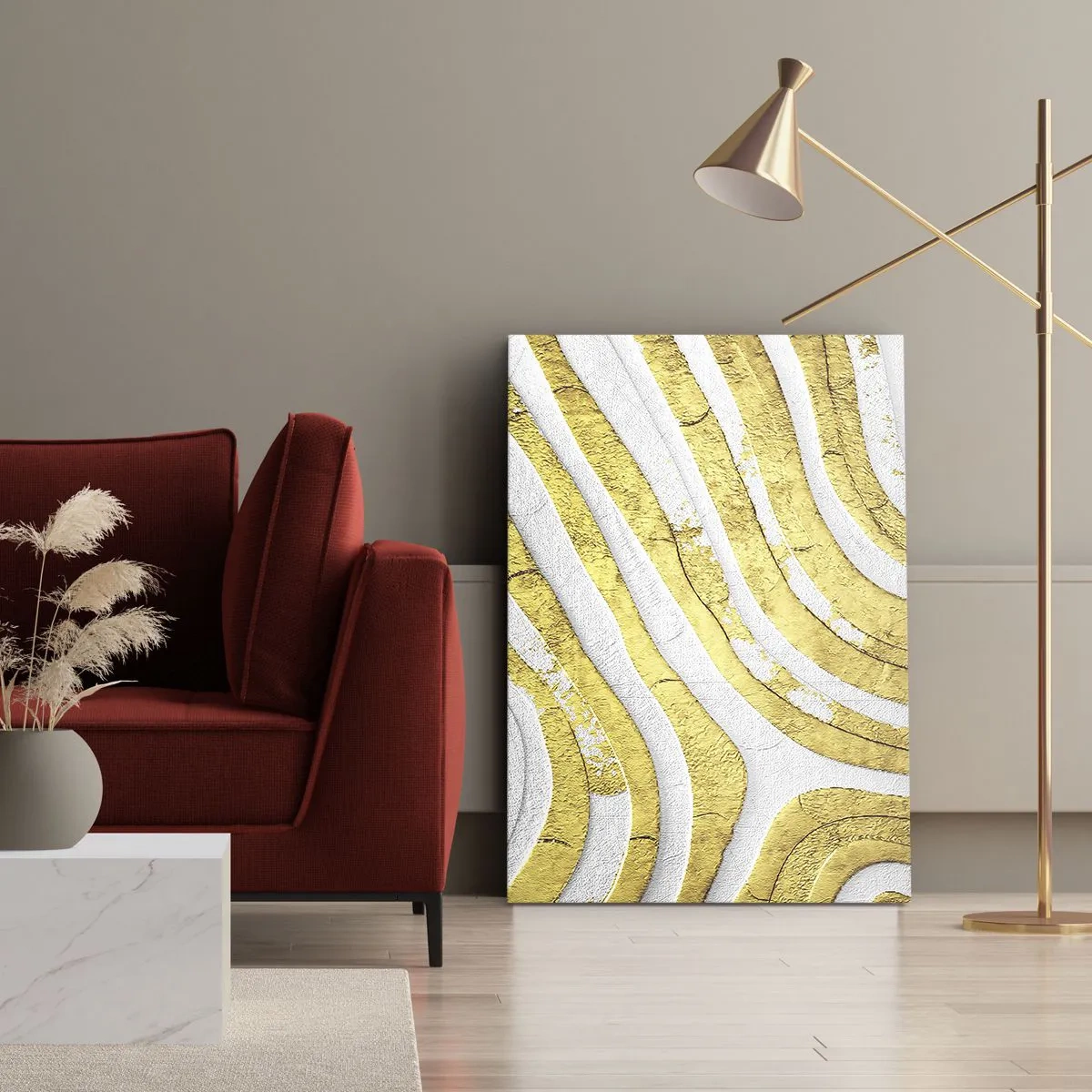 Cuadro sobre lienzo - Impresión de Imagen - Líneas abstractas doradas y blancas en una textura 3D - 80x120cm - Una composición en blanco y oro - Decoración de pared moderna para salón y dormitorio ARTTOR