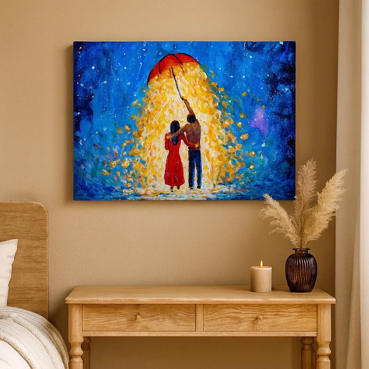 Cuadro sobre lienzo - Impresión de Imagen - Una pareja bajo un paraguas rojo bajo la lluvia luminosa. - 70x50cm - La magia de una tarde lluviosa - Decoración de pared moderna para salón y dormitorio ARTTOR