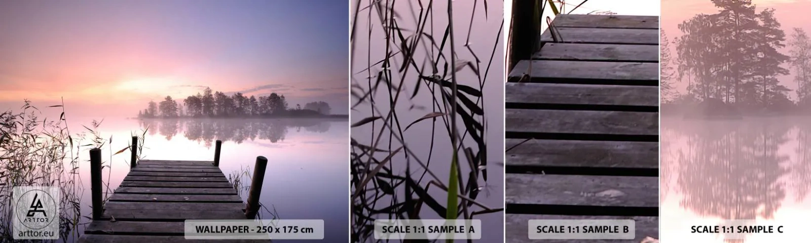 Muestra de fotomural autoadhesivo Deluxe Sticker - De la niebla lila... - Paisaje, Amanecer, Lago - 100x30 cm