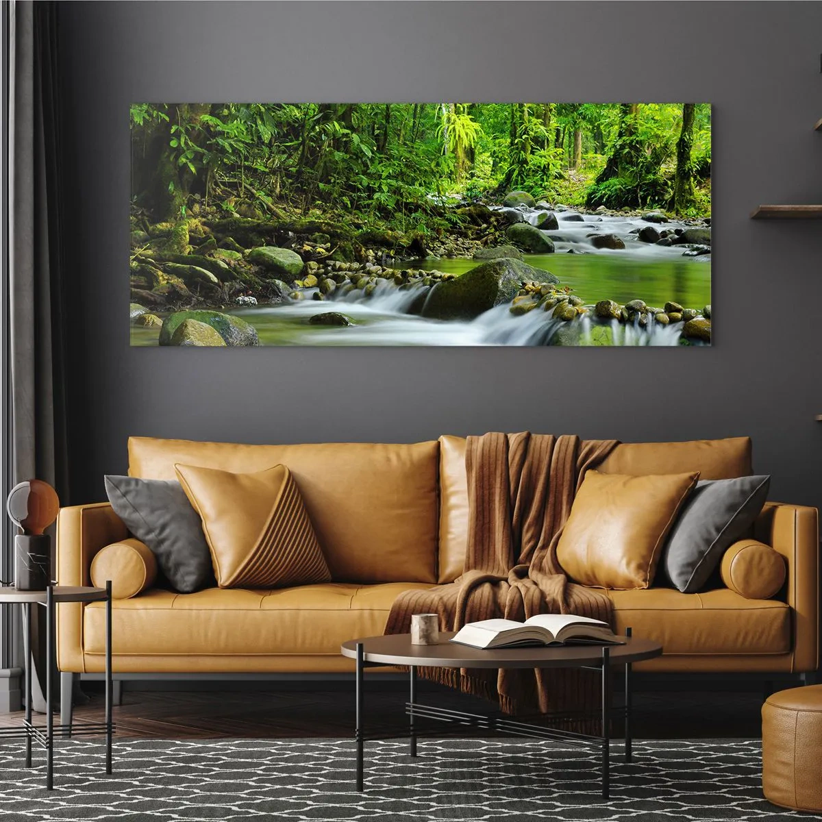 Cuadro sobre vidrio - Impresiones sobre Vidrio - Un arroyo en un exuberante bosque tropical. - 140x50cm - Flotar en un mar de verde - Decoración de pared moderna para salón y dormitorio ARTTOR