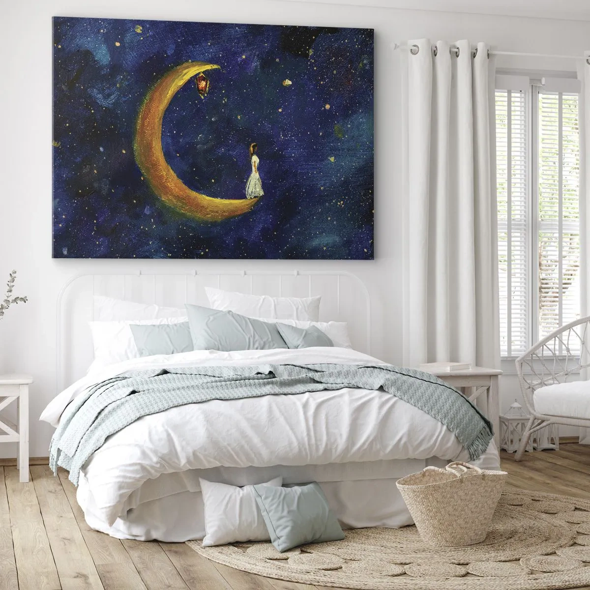 Cuadro sobre lienzo - Impresión de Imagen - Una niña parada en la luna en un cielo estrellado. - 70x50cm - La llamada de la Luna - Decoración de pared moderna para salón y dormitorio ARTTOR