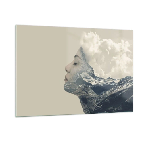 Cuadro sobre vidrio - Impresiones sobre Vidrio - Perfil de mujer con un paisaje de montañas y nubes al fondo. - 120x80cm - La belleza de los elementos - Decoración de pared moderna para salón y dormitorio ARTTOR