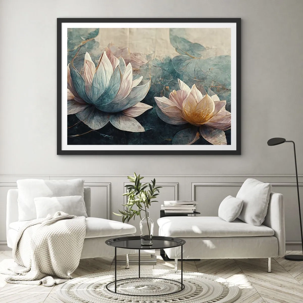 Póster en marco negro - Nenúfares sutiles en tonos pastel de azul y dorado. - 70x50cm - Estrellas de lago - Decoración de pared moderna para salón y dormitorio ARTTOR