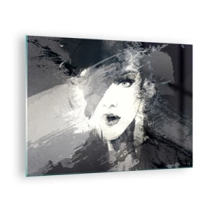Cuadro sobre vidrio - Impresiones sobre Vidrio - El rostro de una mujer está parcialmente cubierto de manchas grises abstractas. - 70x50cm - Tras un velo gris - Decoración de pared moderna para salón y dormitorio ARTTOR