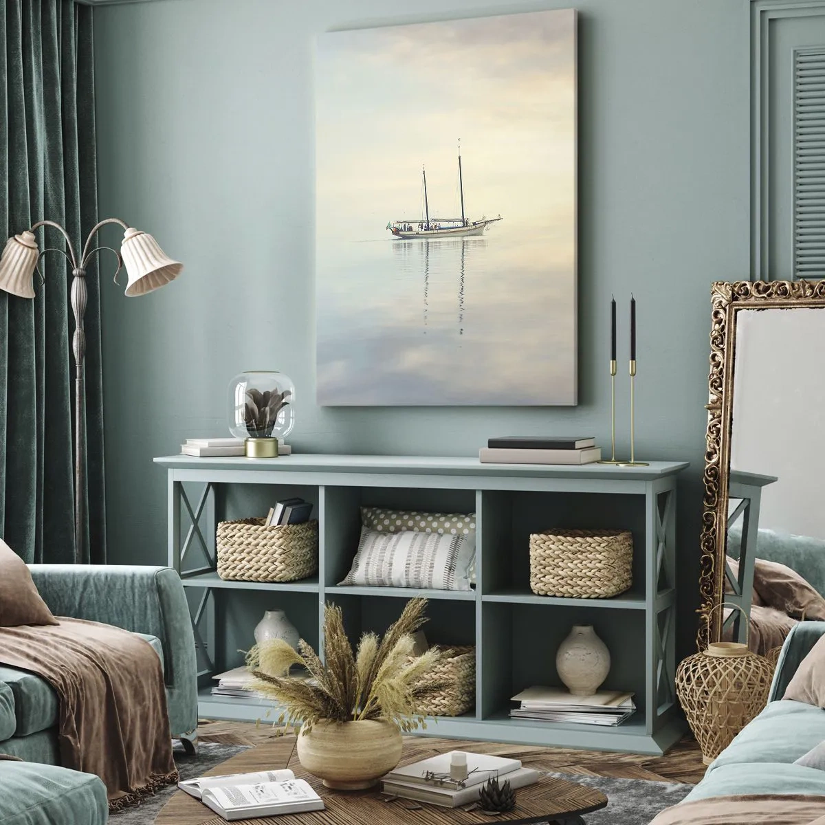 Cuadro sobre lienzo - Impresión de Imagen - Un barco en un mar en calma bajo una luz suave. - 50x70cm - En un mar de silencio - Decoración de pared moderna para salón y dormitorio ARTTOR