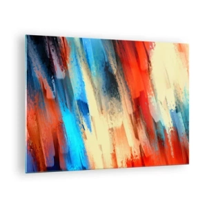 Cuadro sobre vidrio - Impresiones sobre Vidrio - Pinceladas abstractas en tonos azul, rojo y beige. - 70x50cm - Una cascada de colores - Decoración de pared moderna para salón y dormitorio ARTTOR