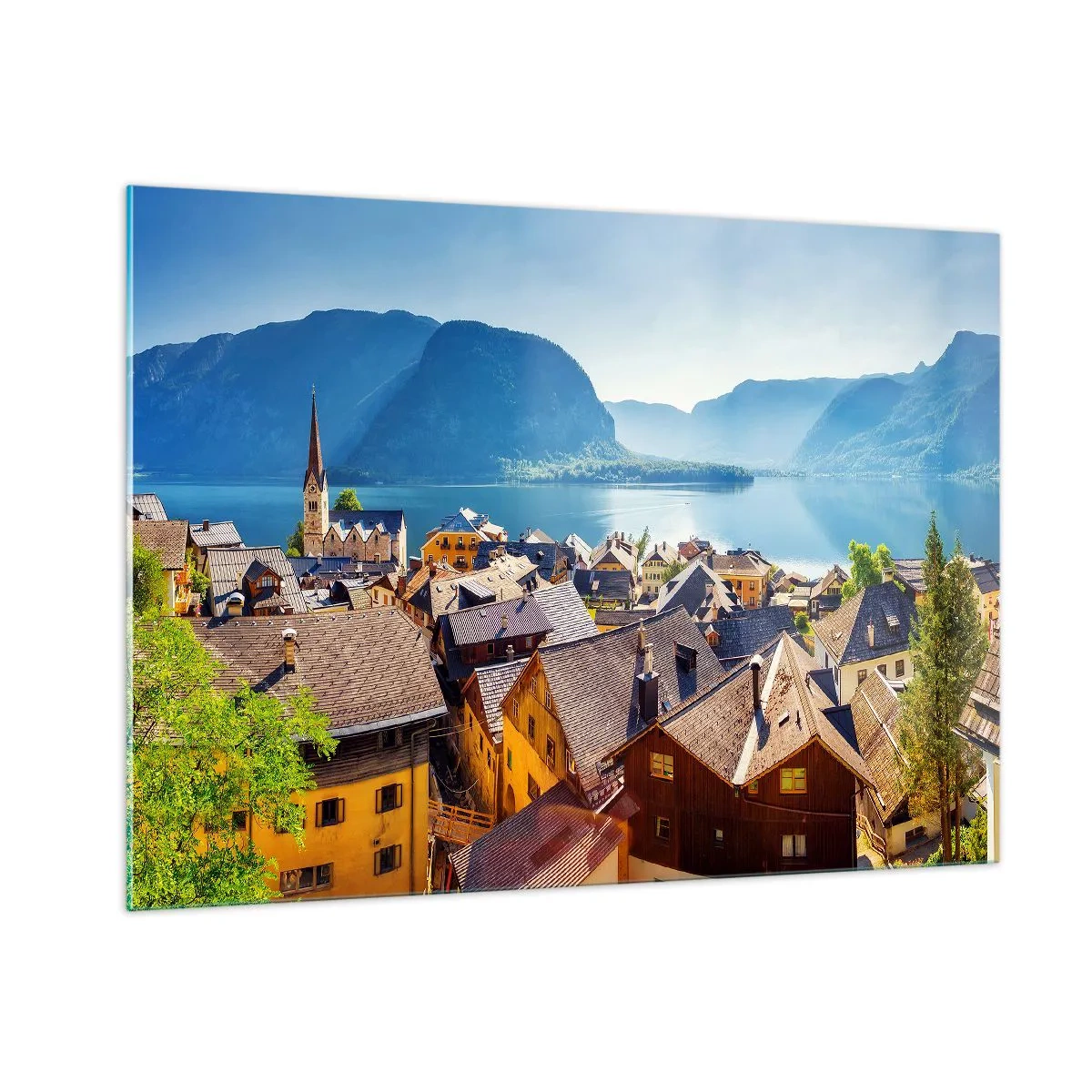 Cuadro sobre vidrio - Impresiones sobre Vidrio - Un pintoresco pueblo a orillas de un lago rodeado de montañas. - 100x70cm - No podría ser más pintoresco - Decoración de pared moderna para salón y dormitorio ARTTOR