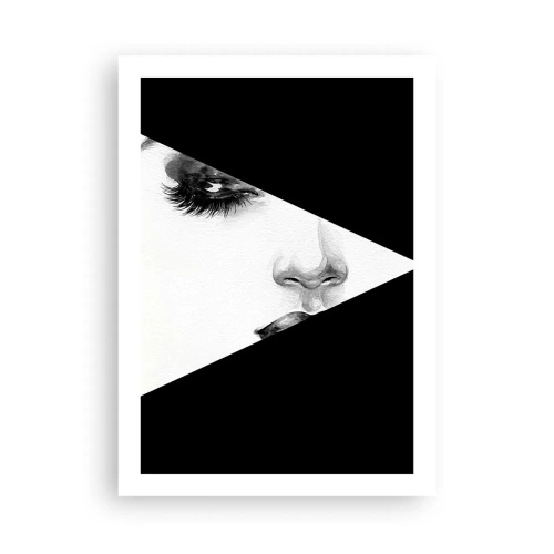Póster - Un retrato minimalista de una mujer en blanco y negro con una división geométrica. - 50x70cm - Siempre hay algo por descubrir - Decoración de pared moderna para salón y dormitorio ARTTOR