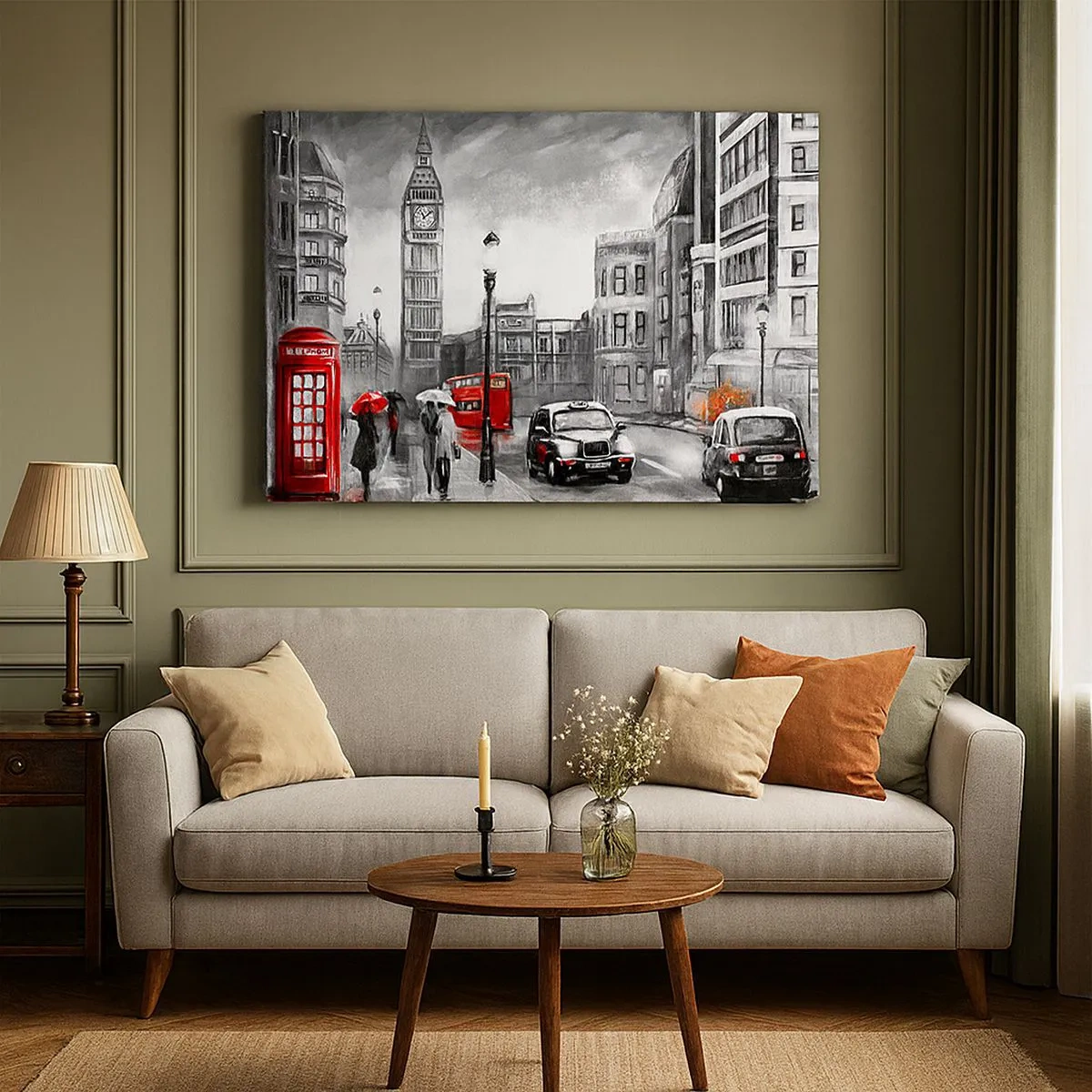 Cuadro sobre lienzo - Impresión de Imagen - Una escena de Londres en blanco y negro con acentos rojos. - 70x50cm - No tan gris como la pintan - Decoración de pared moderna para salón y dormitorio ARTTOR