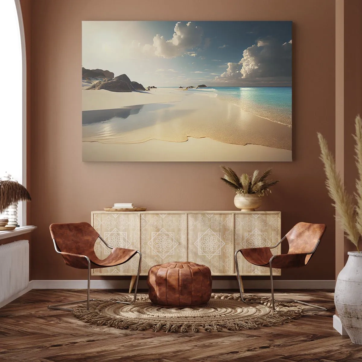 Cuadro sobre lienzo - Impresión de Imagen - Una playa soleada con mar azul y rocas. - 120x80cm - Un día de ensueño - Decoración de pared moderna para salón y dormitorio ARTTOR