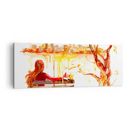 Cuadro sobre lienzo - Impresión de Imagen - Escena de acuarela de una mujer en un banco con vistas a la ciudad. - 140x50cm - Un momento de reflexión - Decoración de pared moderna para salón y dormitorio ARTTOR