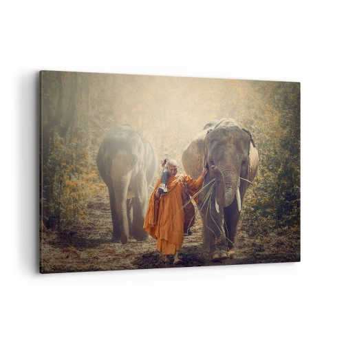 Cuadro sobre lienzo - Impresión de Imagen - Un monje con una túnica naranja guía un elefante en el bosque. - 100x70cm - Comprensión total - Decoración de pared moderna para salón y dormitorio ARTTOR