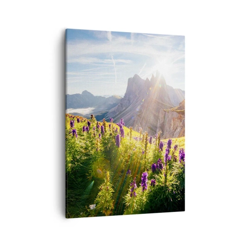 Cuadro sobre lienzo - Impresión de Imagen - Paisaje de montaña con flores a la luz del sol naciente. - 50x70cm - La vida secreta de las hierbas - Decoración de pared moderna para salón y dormitorio ARTTOR
