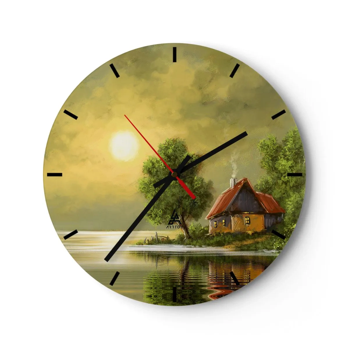 Reloj de pared - Reloj de vidrio - Una encantadora casa de campo junto al lago rodeada de vegetación al atardecer. - 30x30cm - Es hermoso, como salido de un cuadro - Decoración de pared moderna para salón, cocina y dormitorio ARTTOR