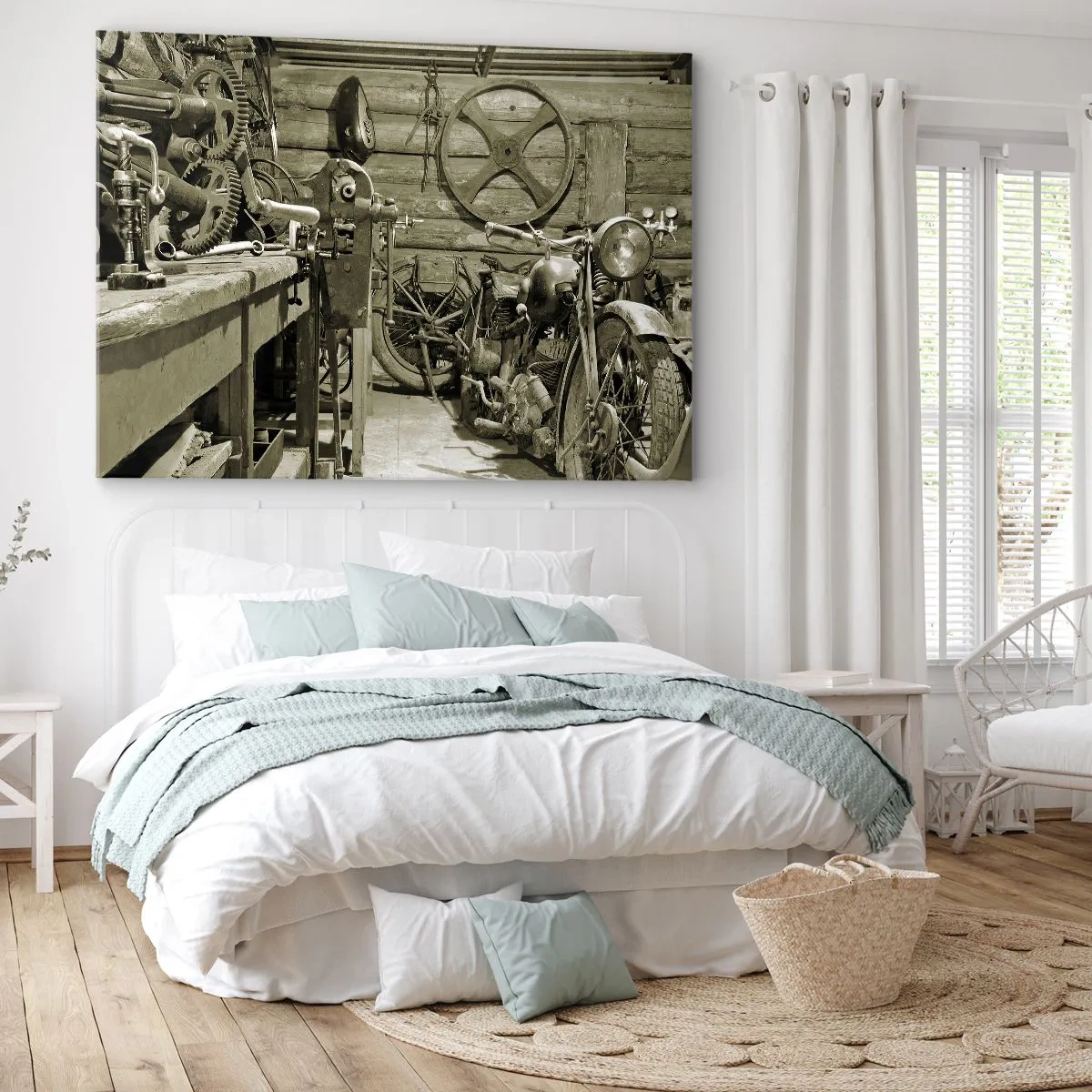 Cuadro sobre lienzo - Impresión de Imagen - Taller retro con motos y herramientas - 120x80cm - En el trastero del abuelo - Decoración de pared moderna para salón y dormitorio ARTTOR