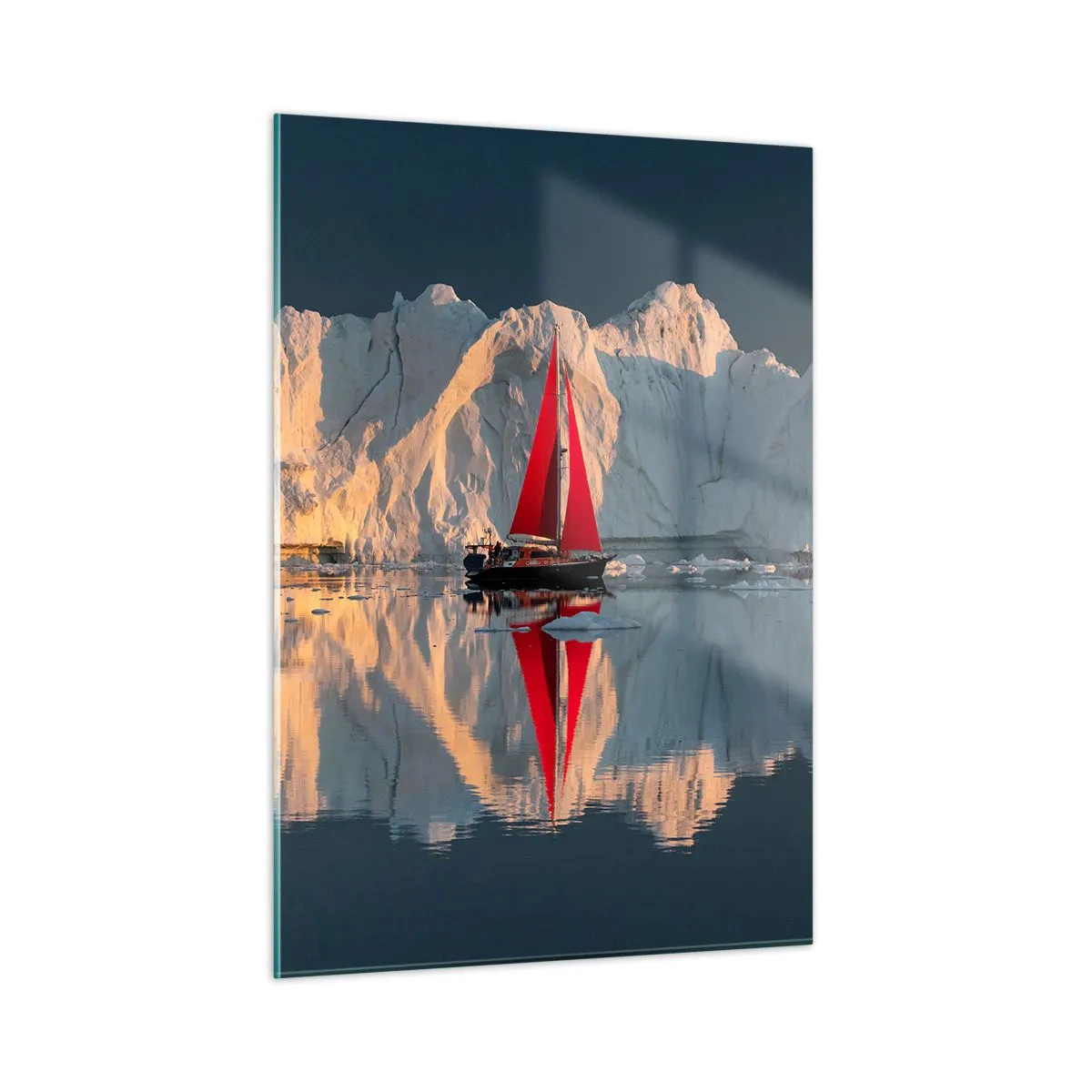 Cuadro sobre vidrio - Impresiones sobre Vidrio - Un velero con una vela roja cerca de los icebergs al atardecer. - 50x70cm - En el límite del mundo - Decoración de pared moderna para salón y dormitorio ARTTOR