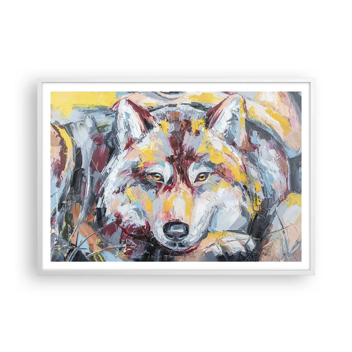 Póster en marco blanco - Pinceladas de lobo - 100x70 cm