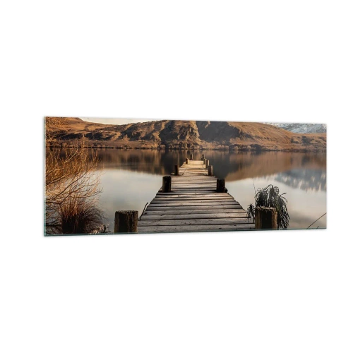 Cuadro sobre vidrio - Impresiones sobre Vidrio - Un muelle de madera sobre un lago rodeado de pintorescas colinas. - 140x50cm - Un paisaje en silencio - Decoración de pared moderna para salón y dormitorio ARTTOR